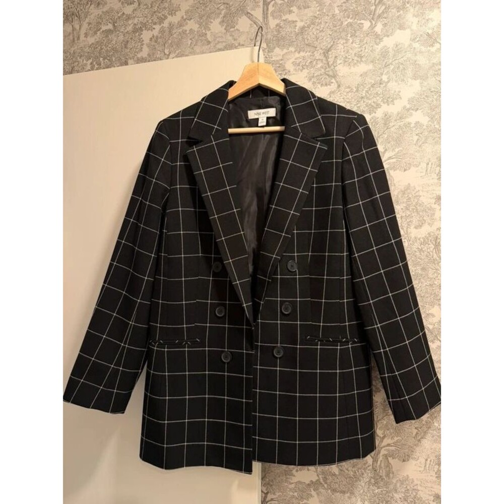 Nine West Black Windowpane Plaid Double Breasted Blazer Size M